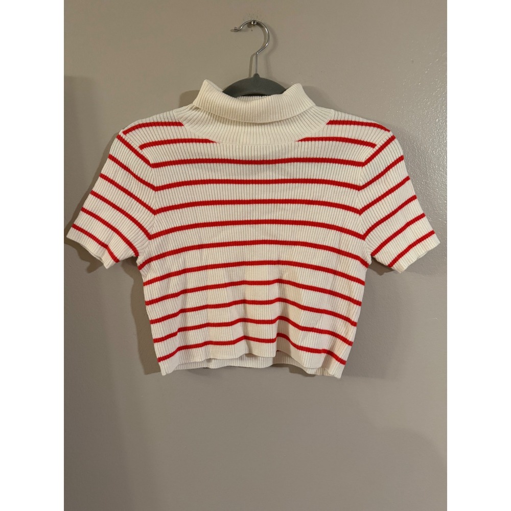 Callahan Knitwear Womens XS Red White Striped Short Sleeve Turtleneck Sweater